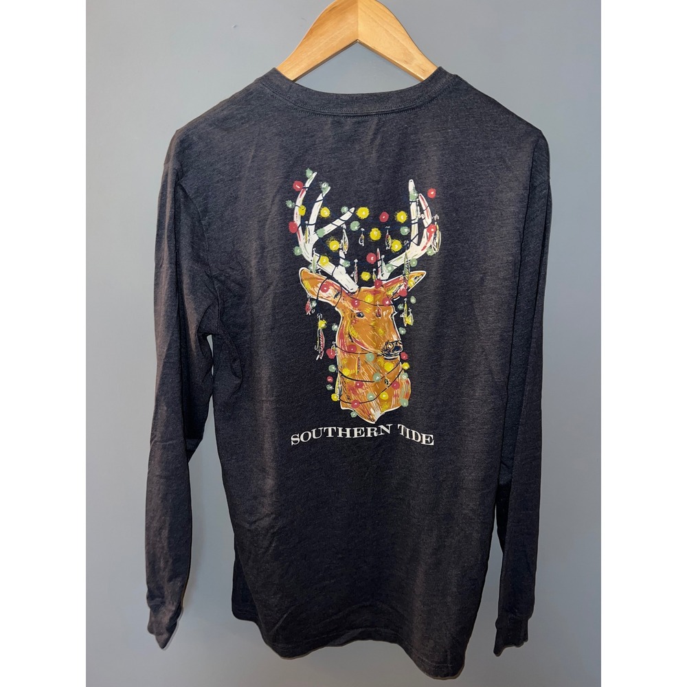 Southern Tide Mens Medium Long Sleeve Graphic Tee Deer Christmas Lights Navy